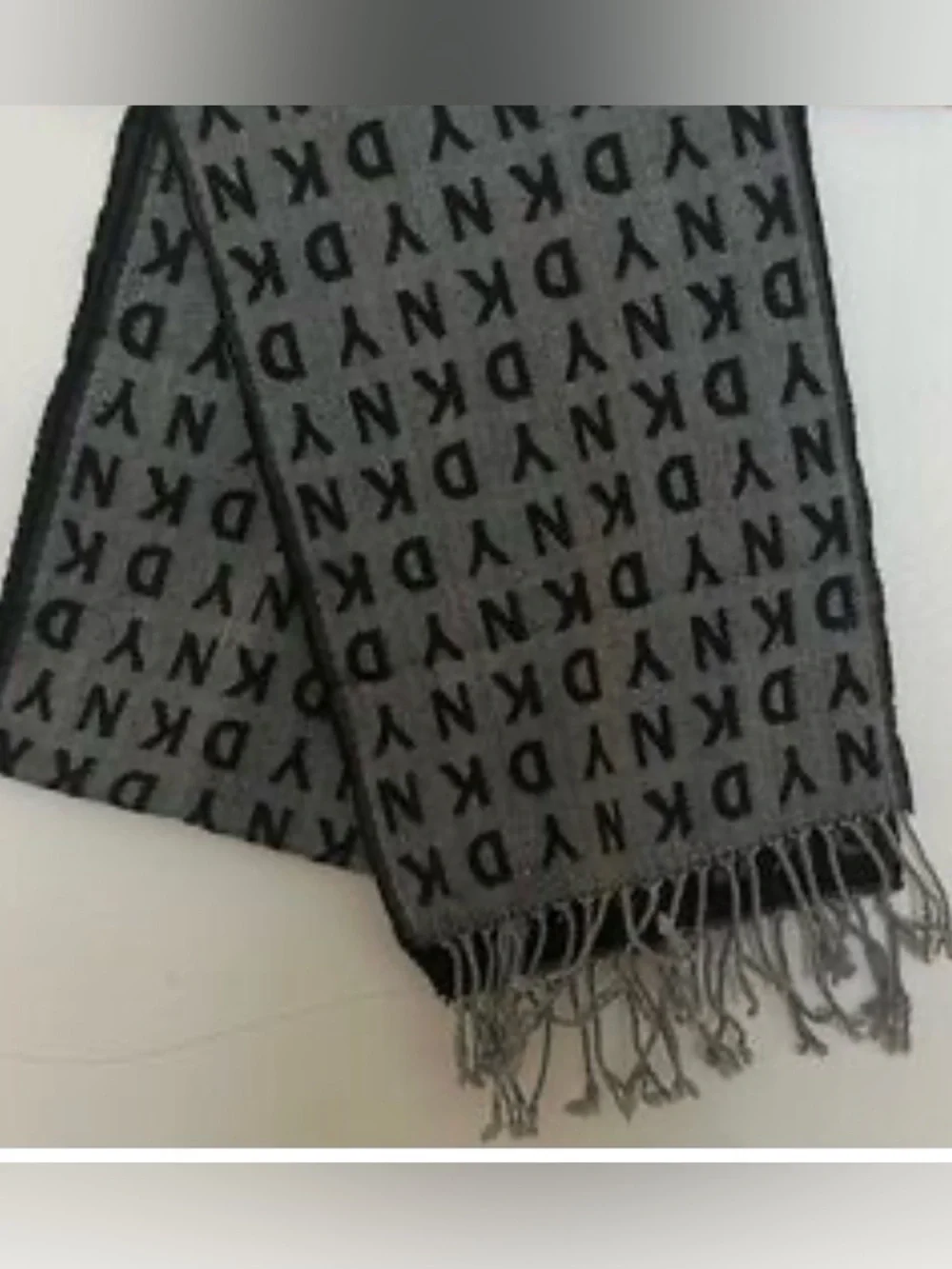 DKNY Reversible Black & Gray Logo Scarf with Fringe